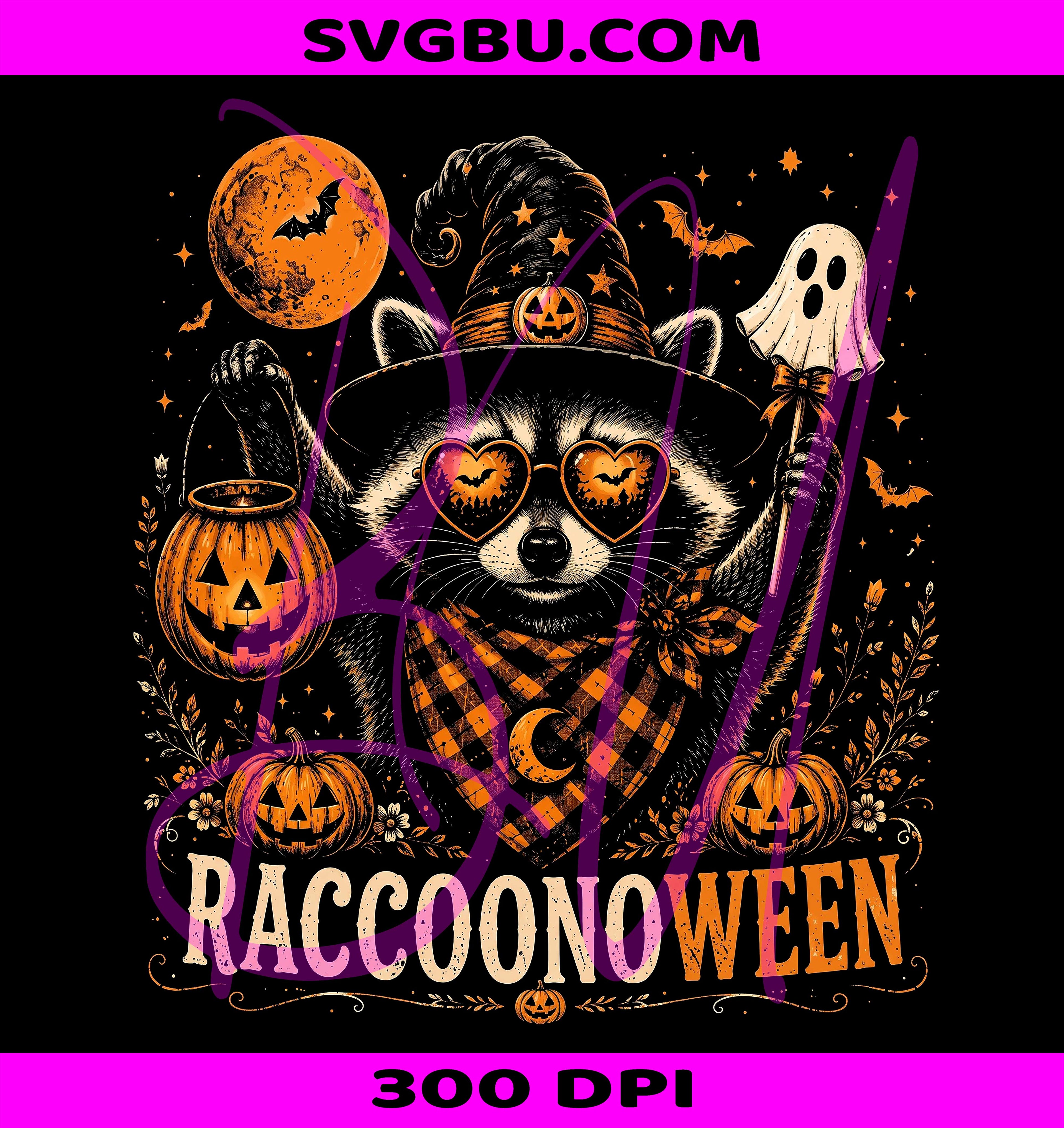 Cute Raccoon Halloween PNG, Witch Raccoon PNG, Retro Pumpkin Ghost PNG