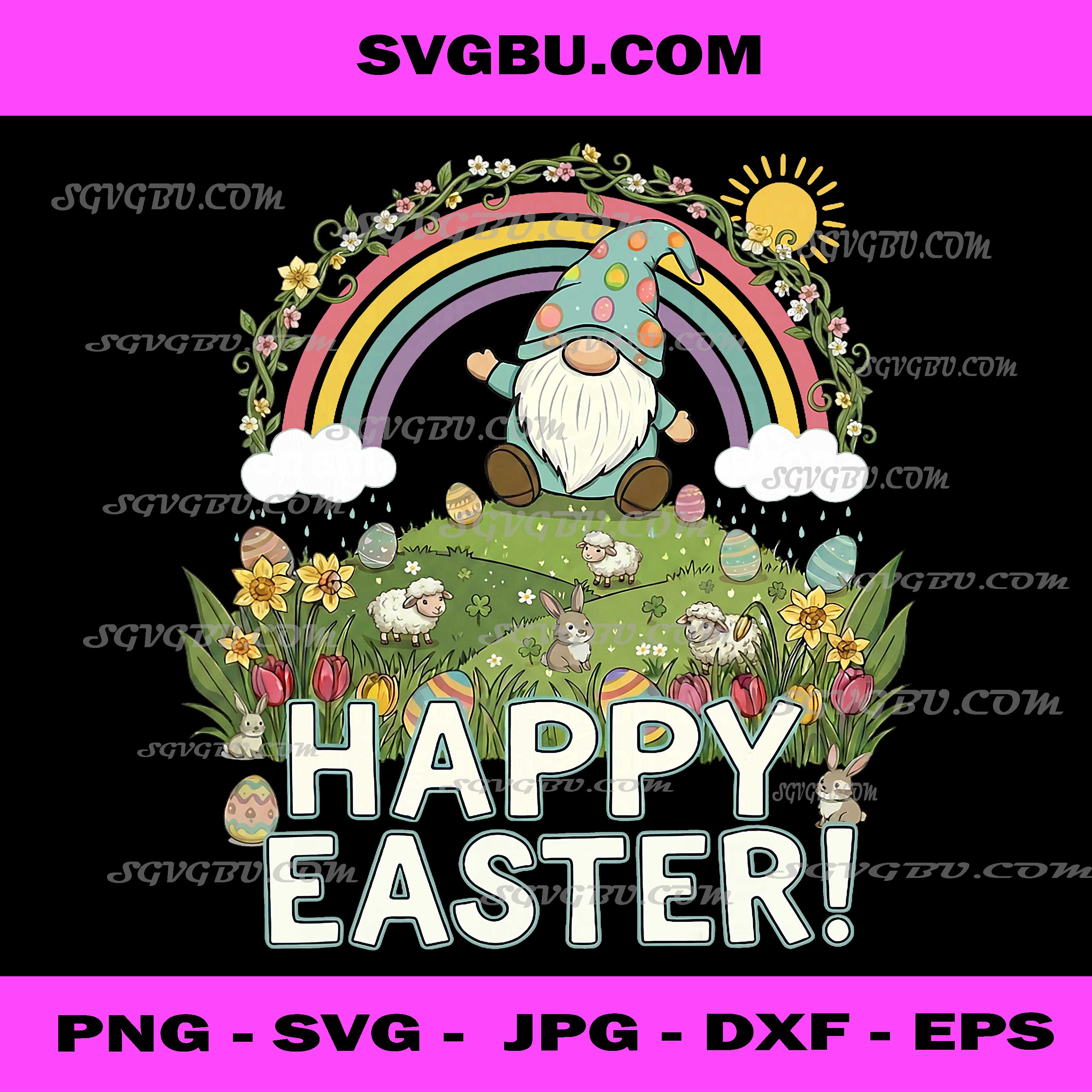 Happy Easter Gnome Rainbow Spring Garden PNG, Cute Holiday Art PNG