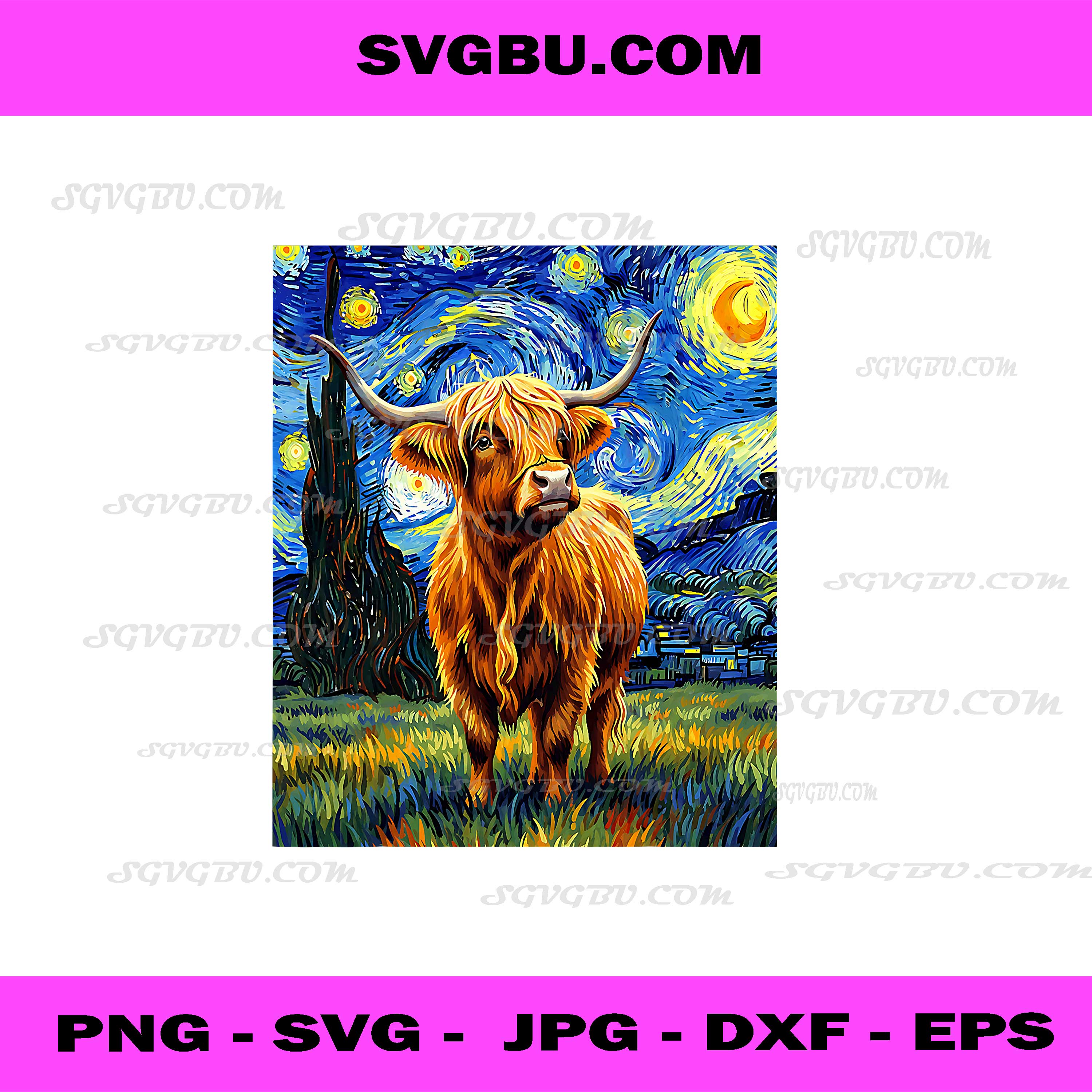 Cute Highland Cow Graphic Van Gogh Style Starry Night PNG