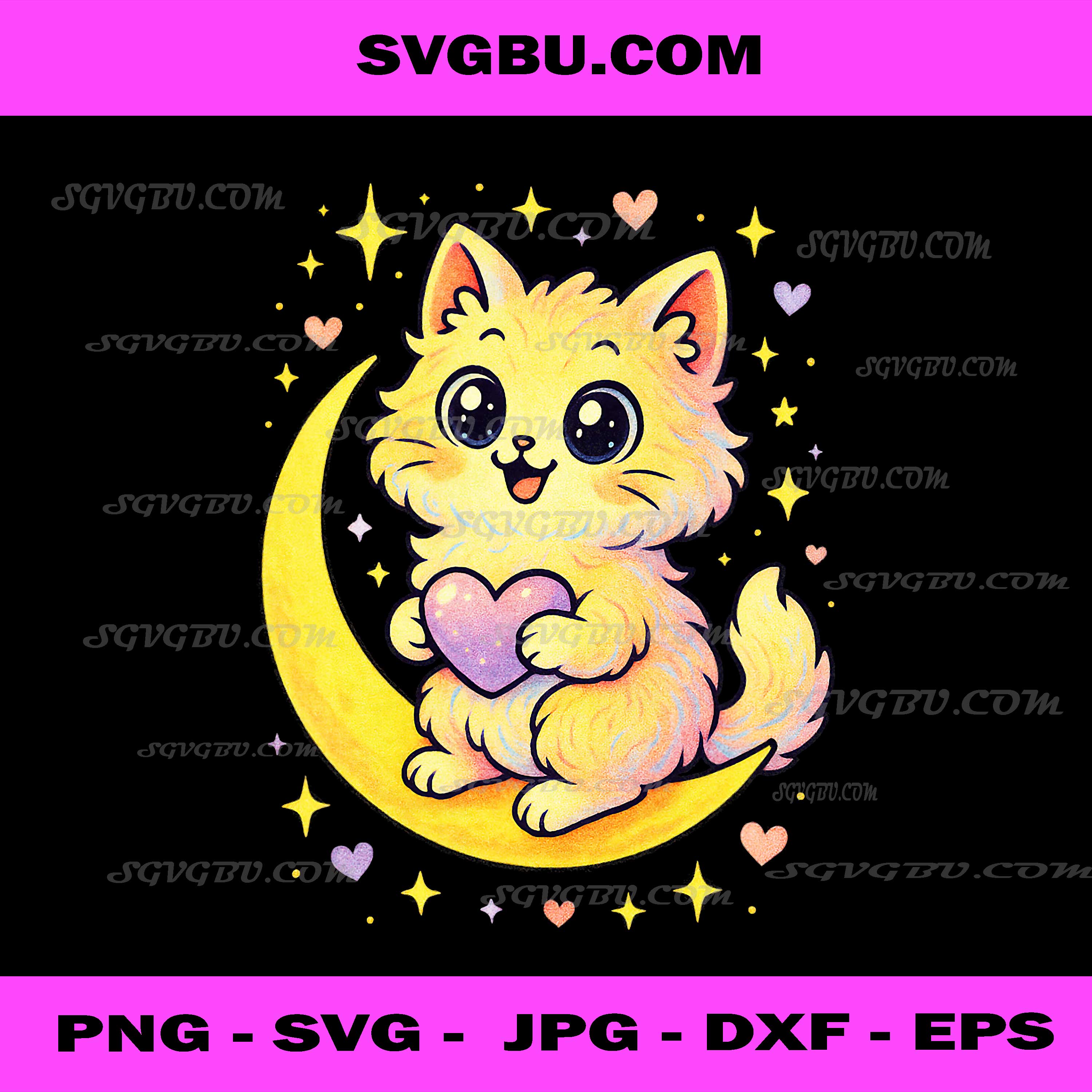 Cat on Moon Cute Valentine's Fun PNG