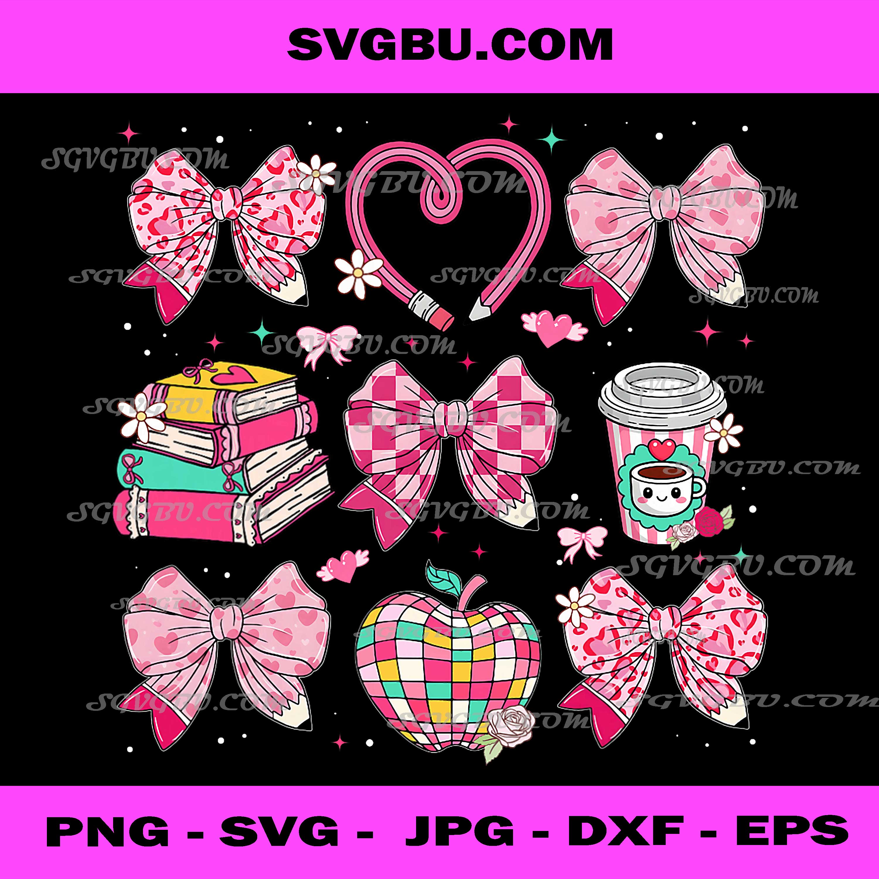 Valentine School Coquette Bow Pencil PNG, Preppy School Teacher Vday PNG Design