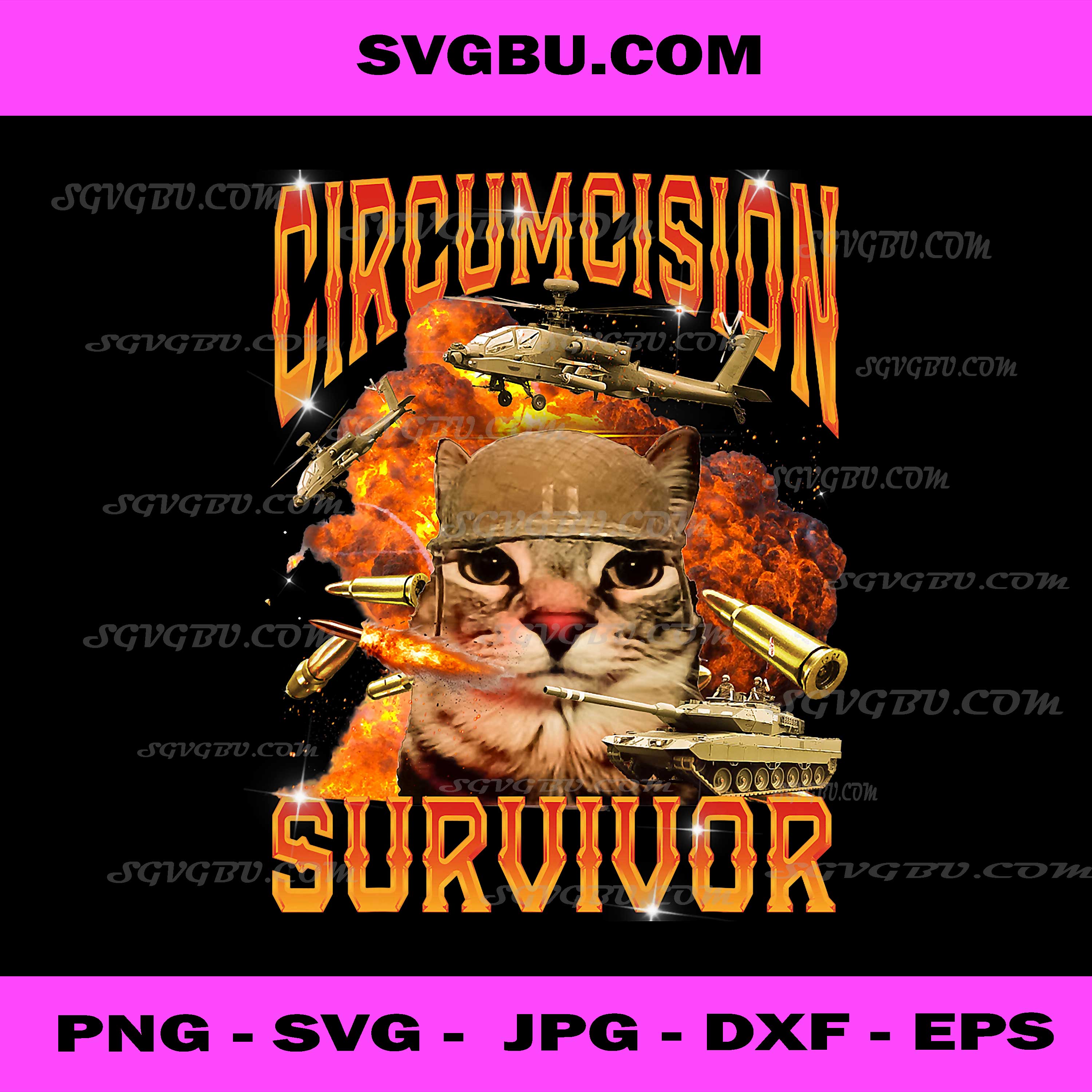 Circumcision Survivor Cat Meme Funny PNG, Military Style Cat Illustration Digital File