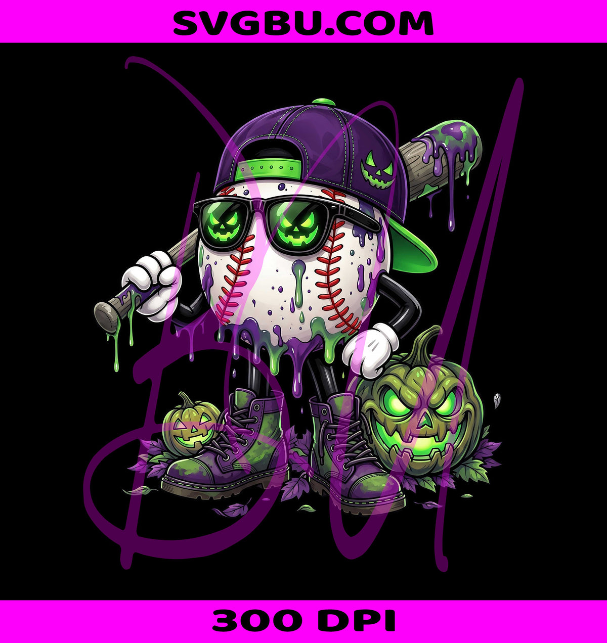 Purple Green Baseball PNG, Skull Player PNG, Drippy Halloween PNG
