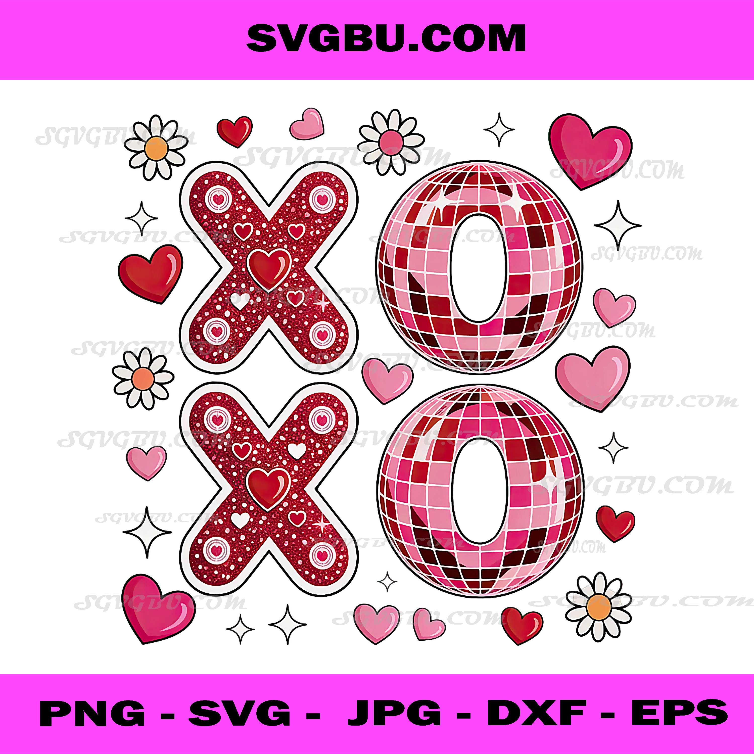 XOXO Pink Disco Shirt Cute Valentine Hearts Flowers PNG