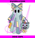 Cute Patchwork Ghost Coquette Bow PNG, Halloween Ghost Pumpkin Design PNG