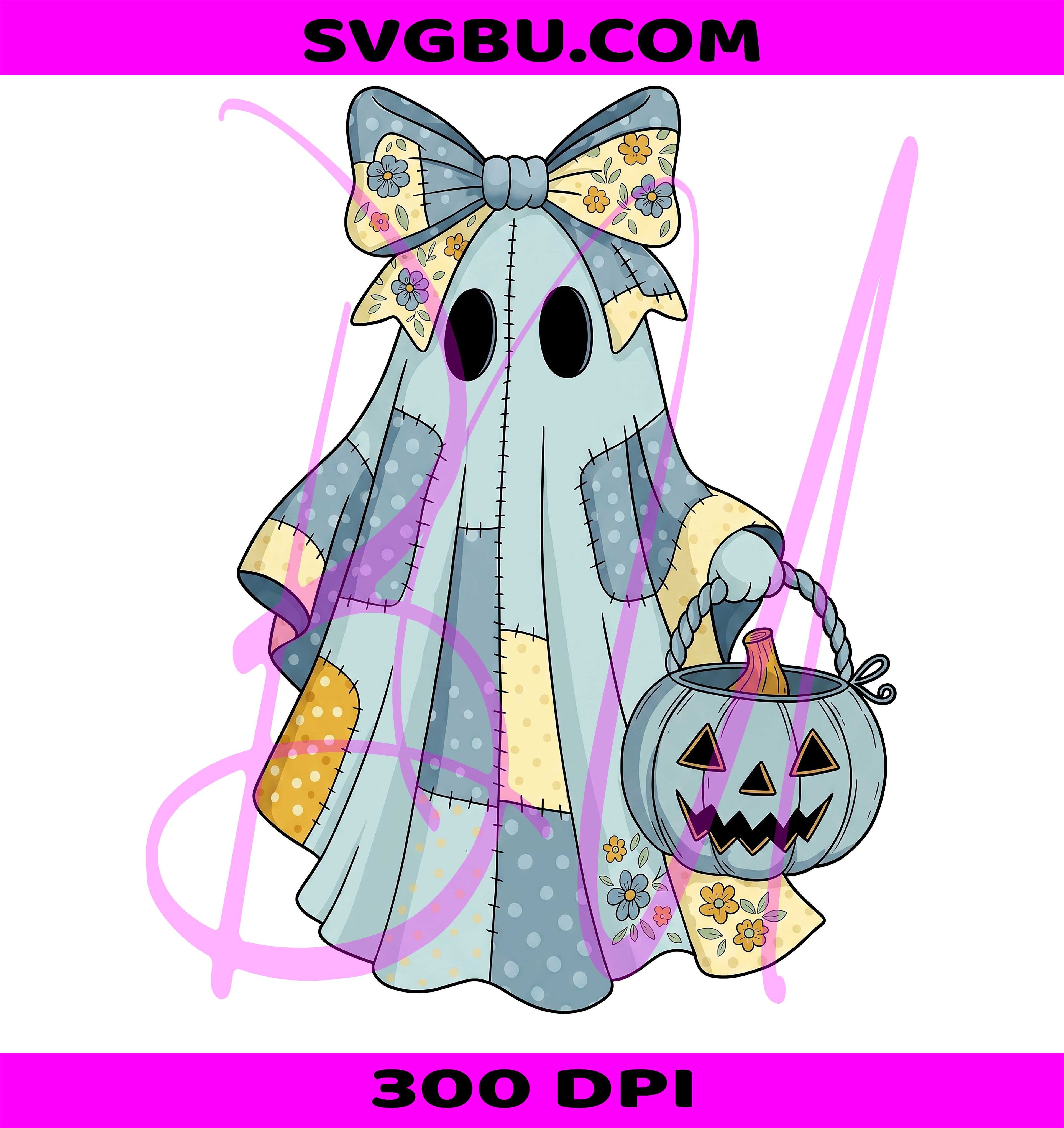 Cute Patchwork Ghost Coquette Bow PNG, Halloween Ghost Pumpkin Design PNG