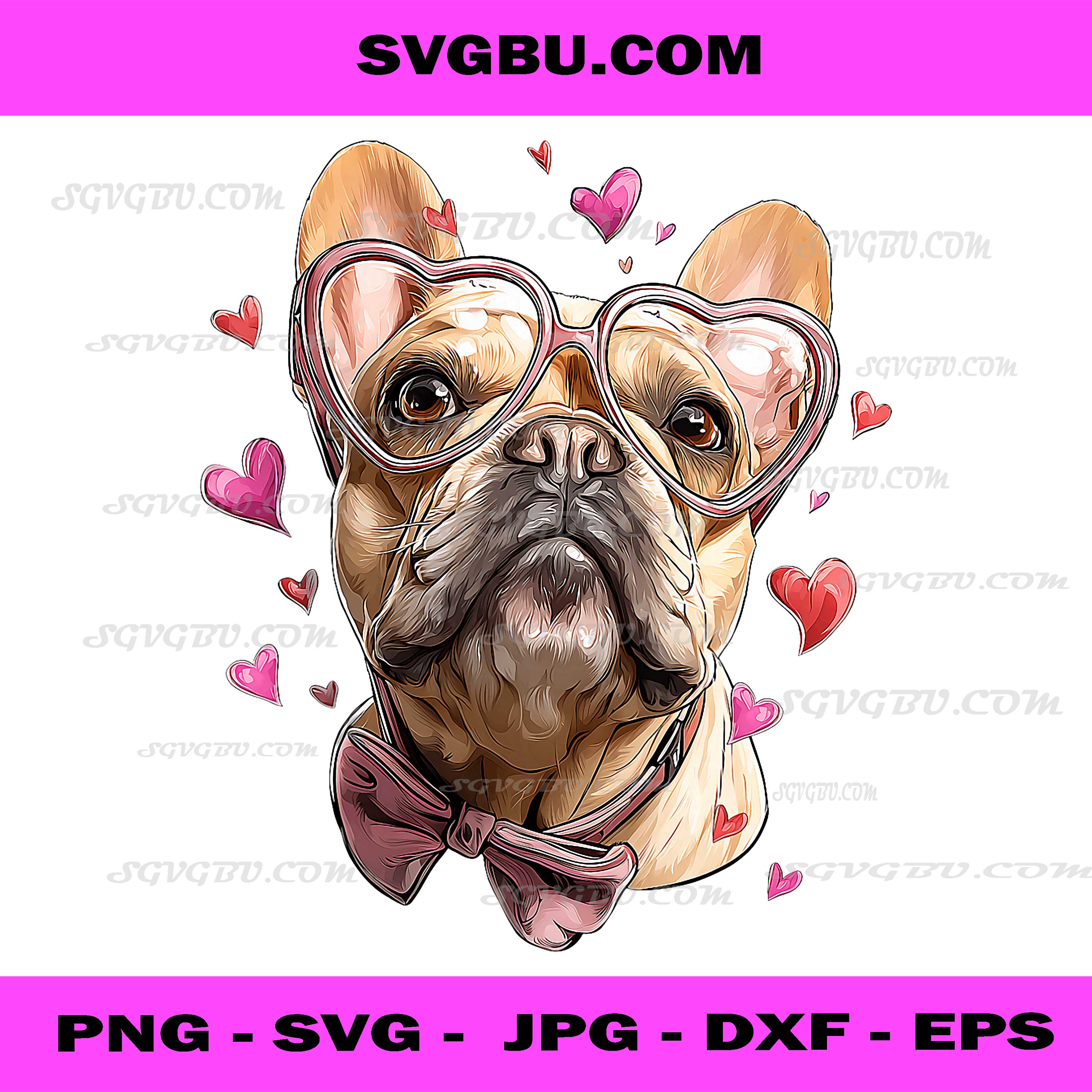 French Bulldog Vday PNG, Dog Frenchie Valentine's Day Heart Sunglasses PNG