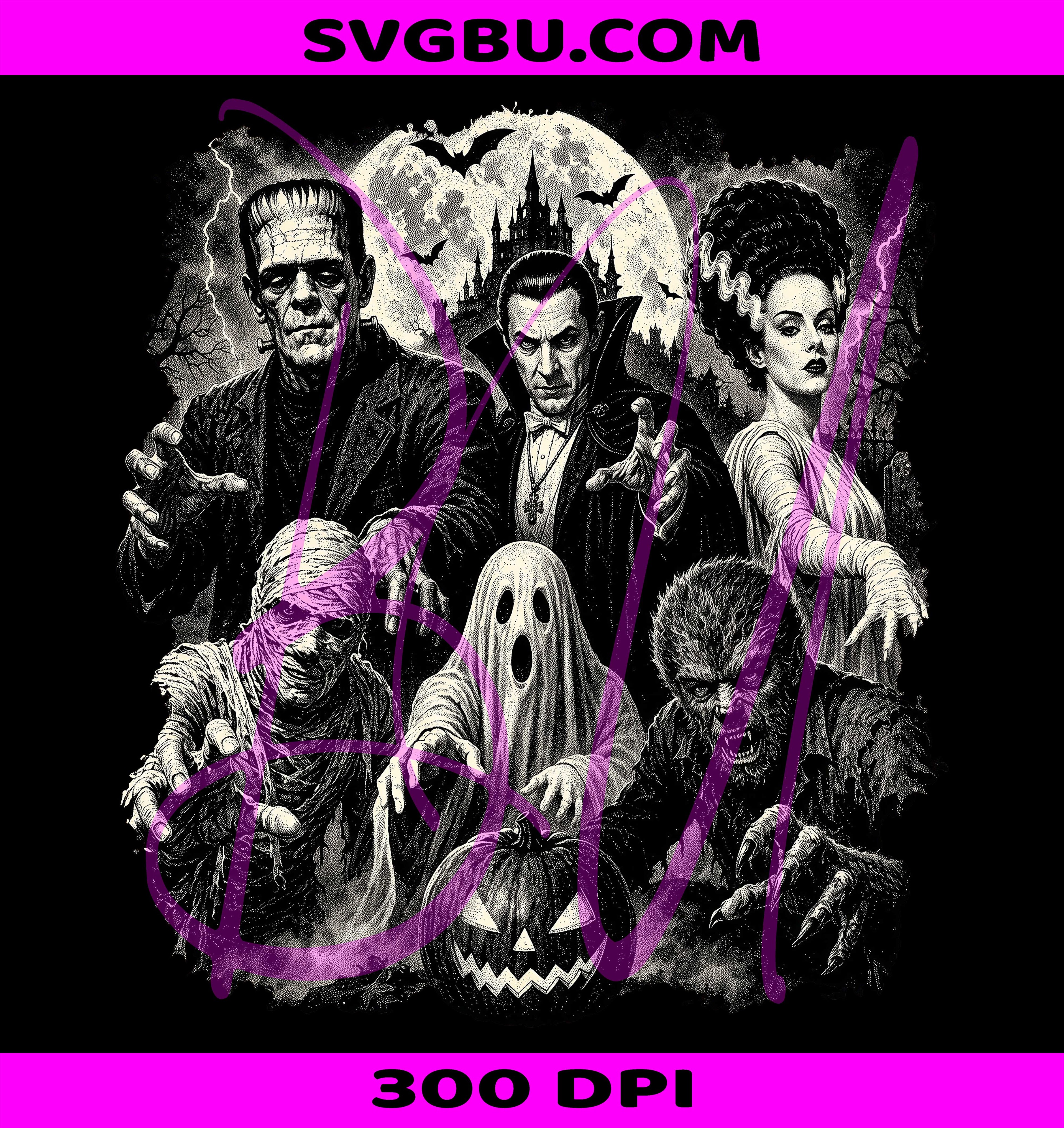 Classic Halloween Monsters PNG, Vintage Horror PNG, Spooky Halftone PNG
