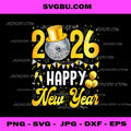 Happy New Year Party 2026 PNG, Gold Glitter Party, Top Hat Fireworks Design PNG
