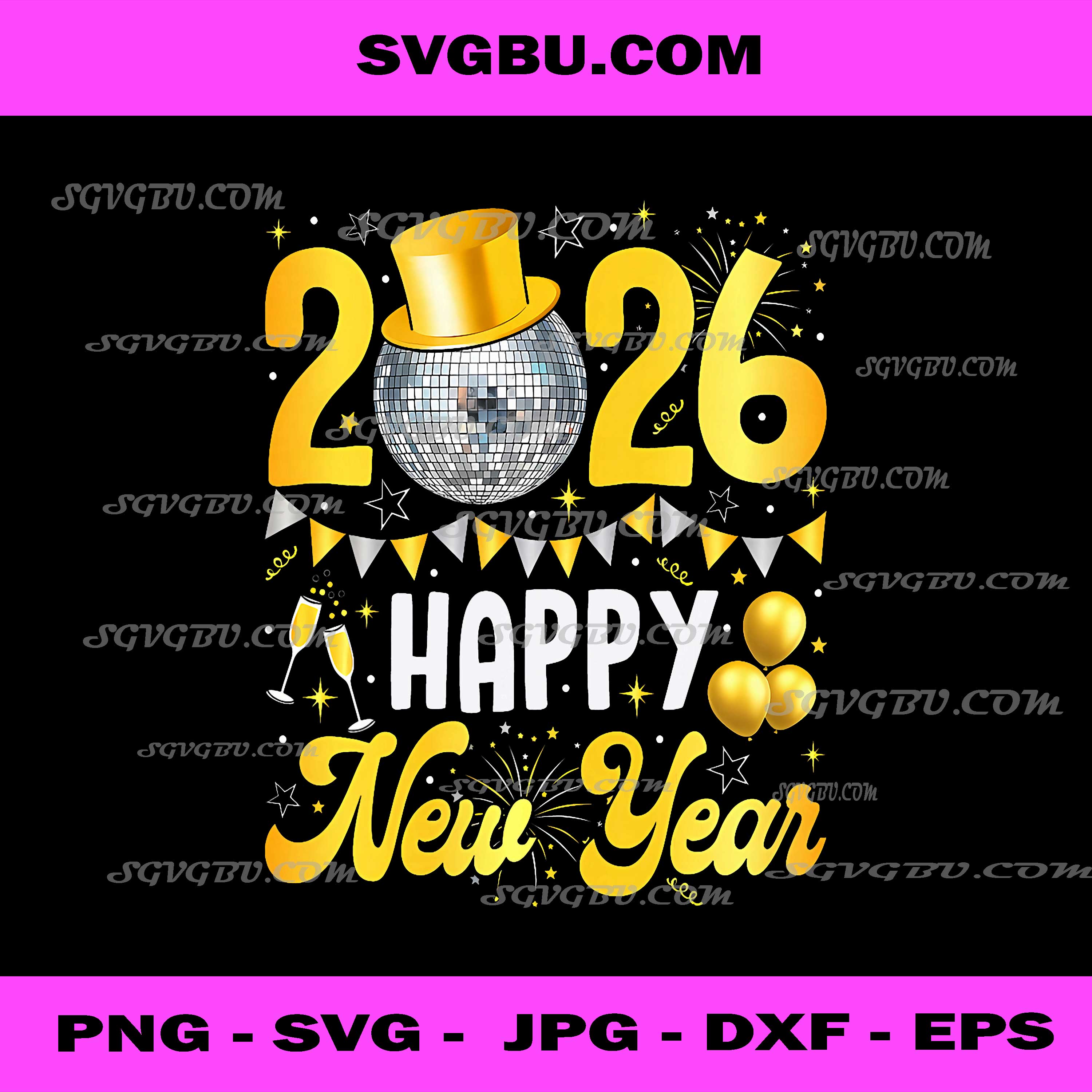 Happy New Year Party 2026 PNG, Gold Glitter Party, Top Hat Fireworks Design PNG
