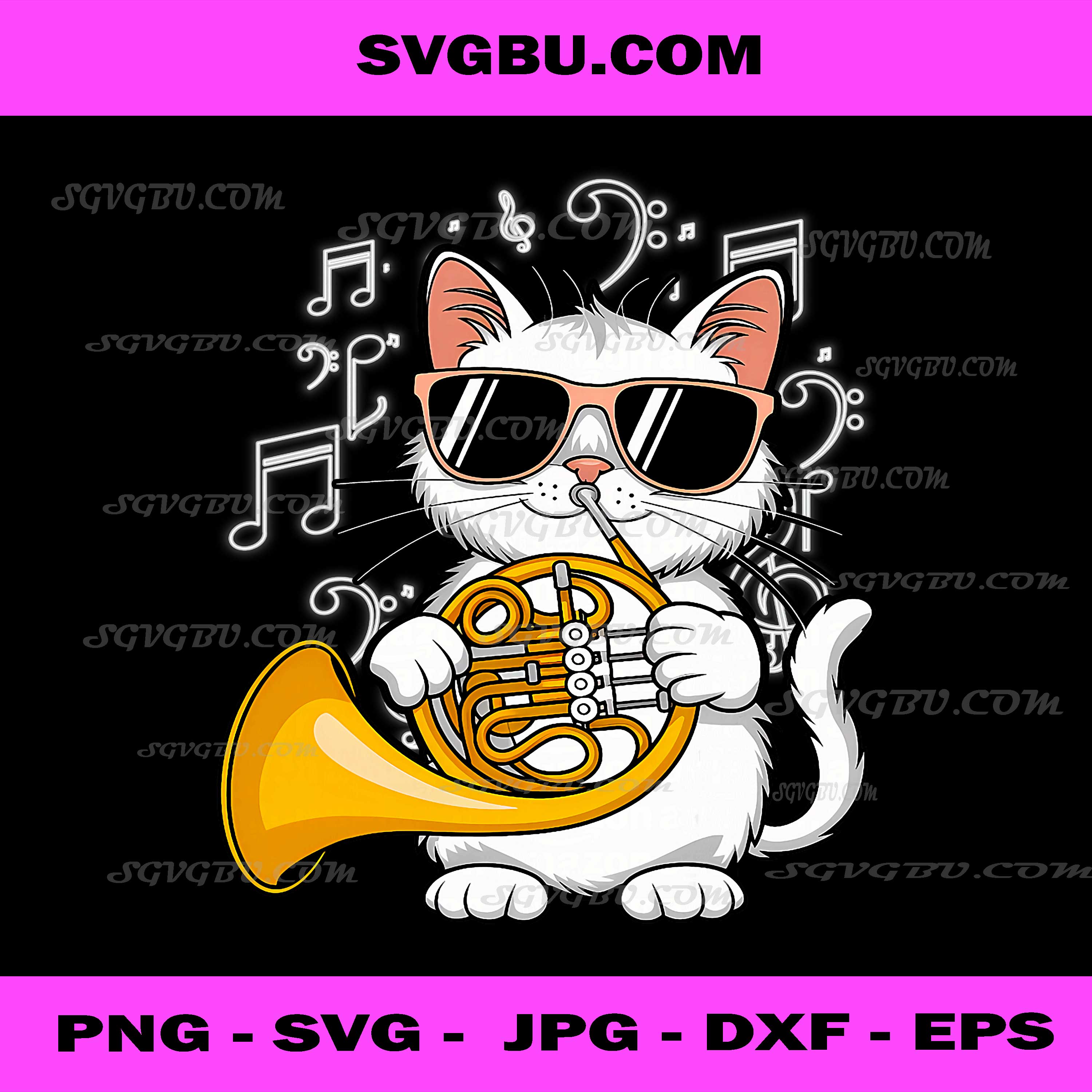 Cat French Horn, Funny Cat Lover PNG