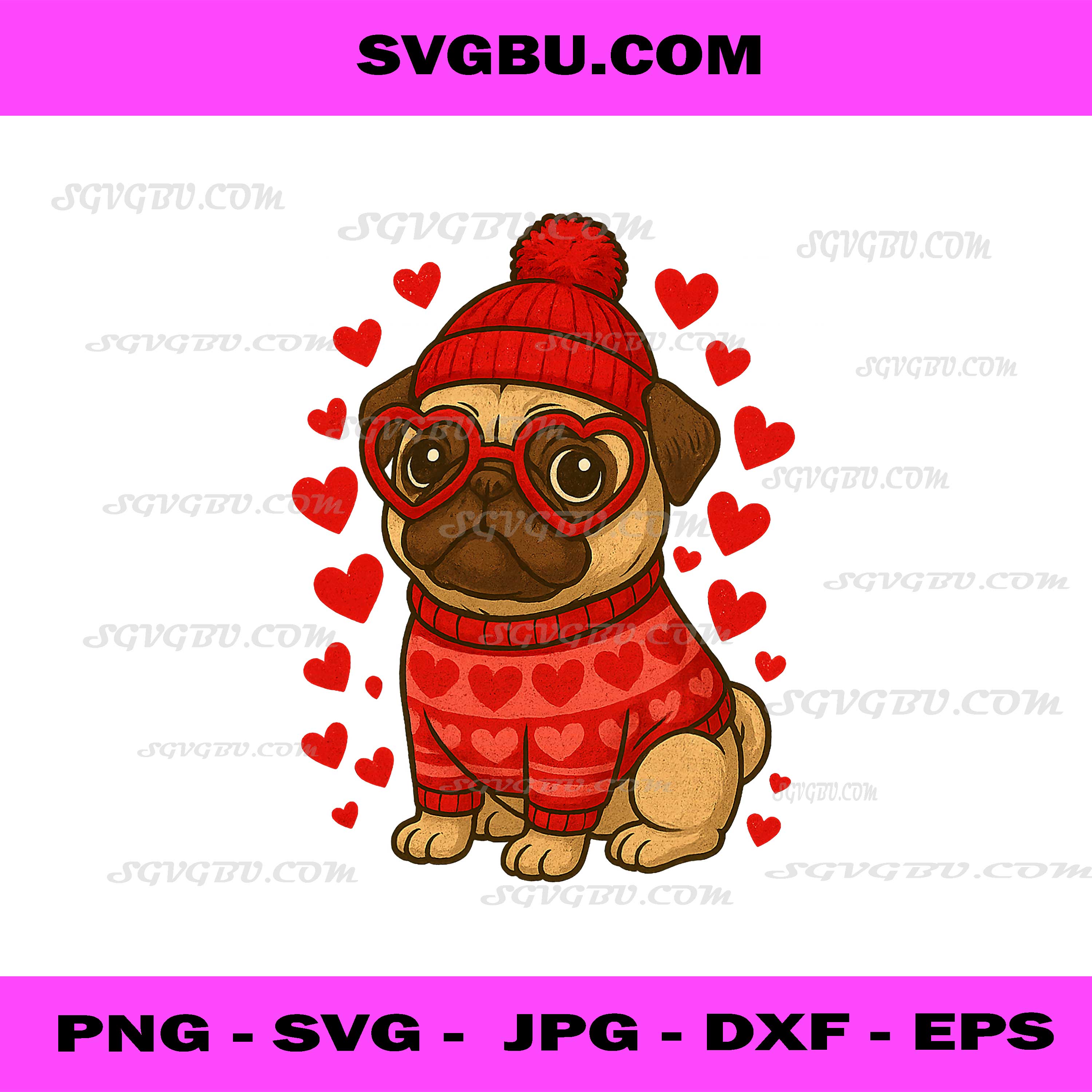 Cute Pug Red Hearts Couples Happy Valentines Day PNG, Dog Lover PNG