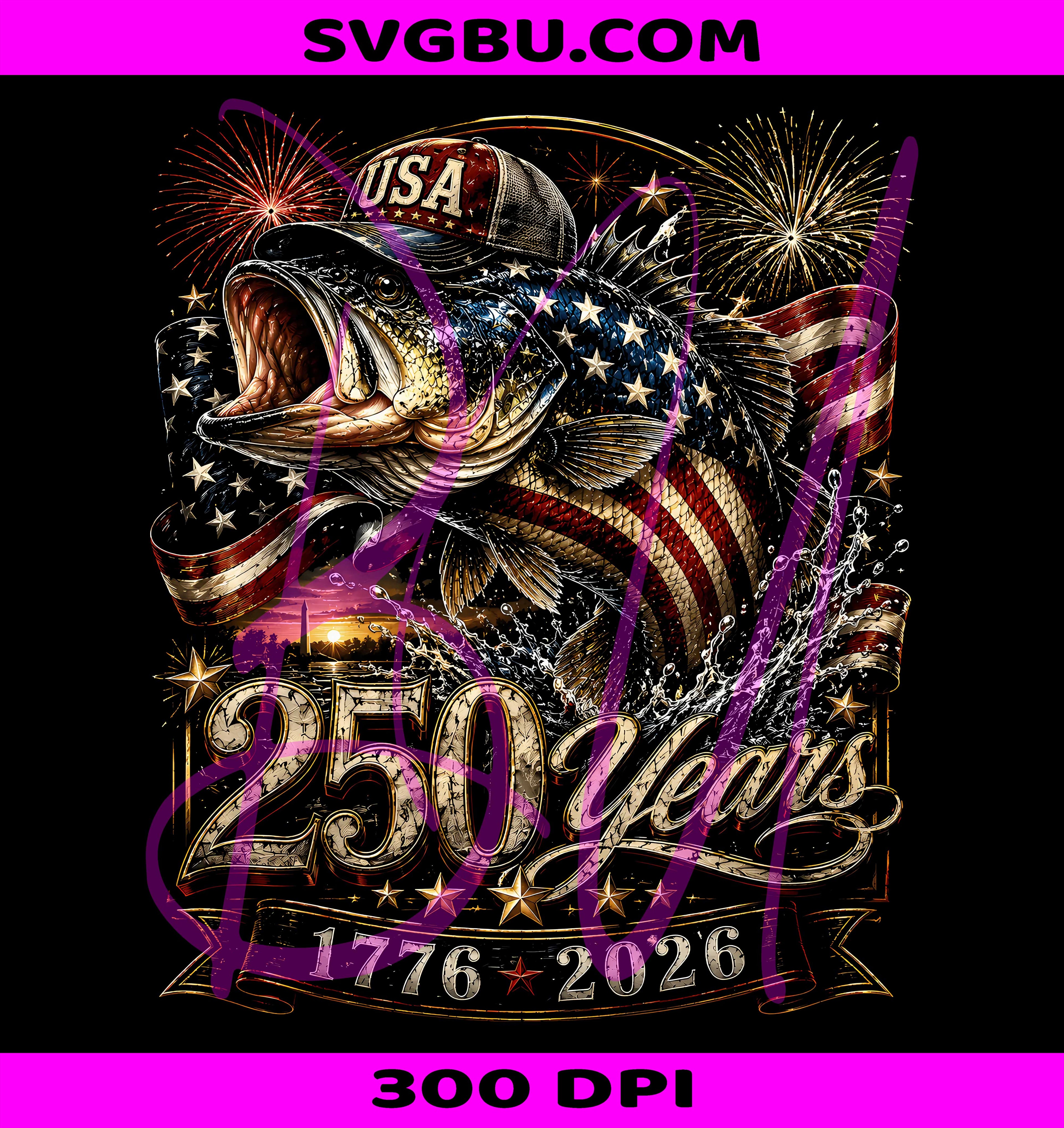 250 Years USA Bass PNG, Patriotic Fishing PNG, American Flag Fish PNG