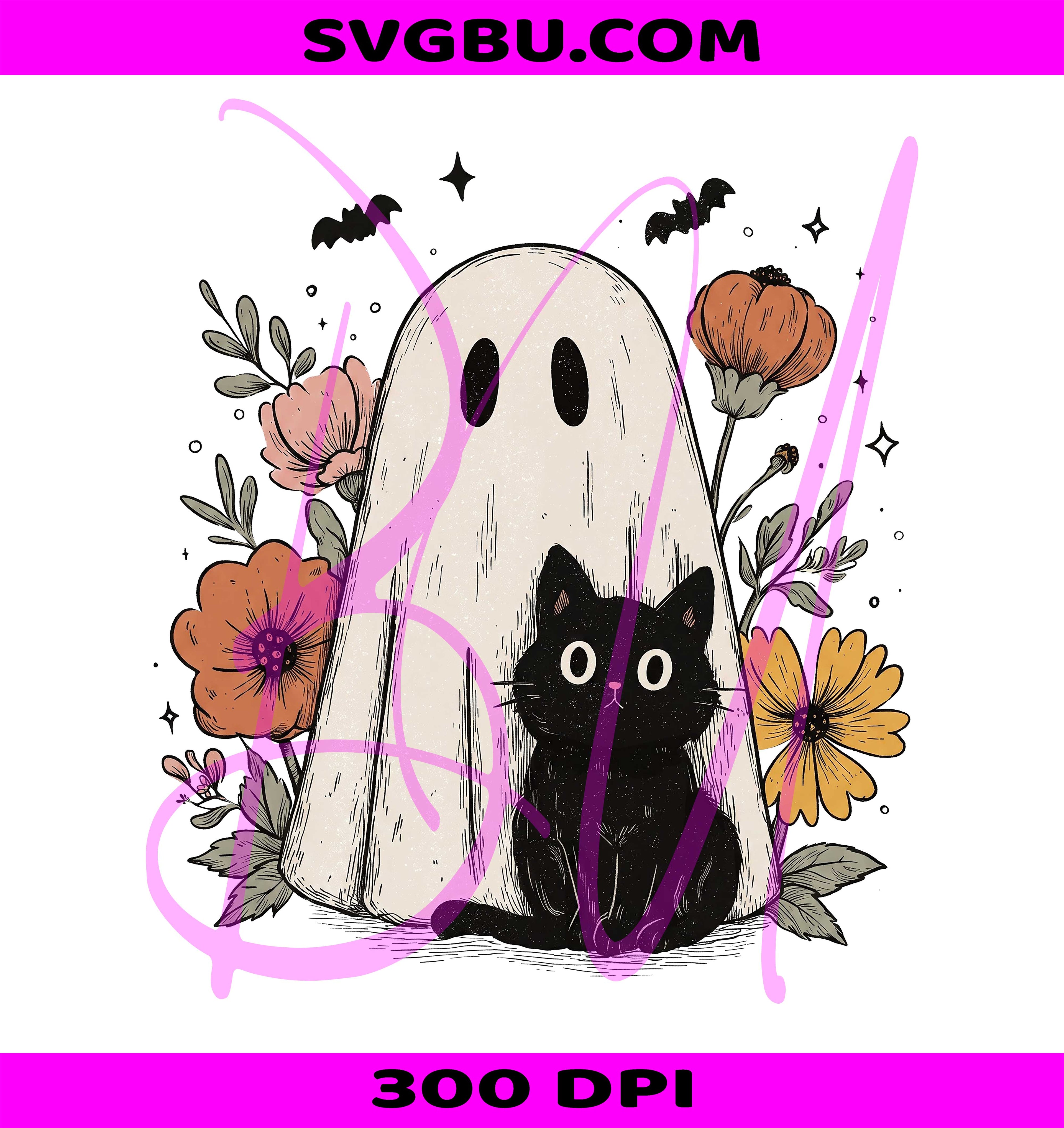 Cute Halloween Ghost PNG, Retro Spooky Floral PNG, Black Cat Halloween PNG