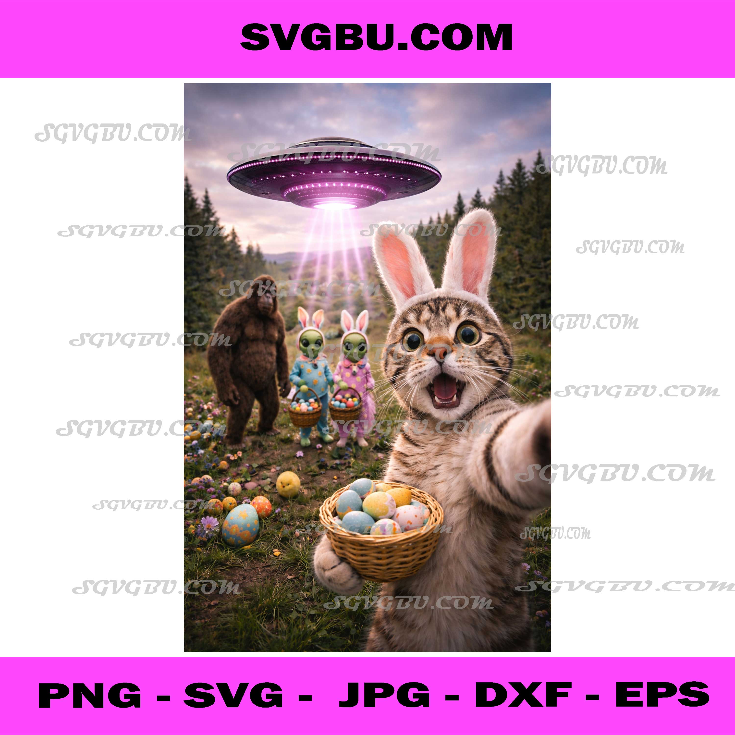 Easter Alien Invasion, Funny Cat Selfie With UFO PNG