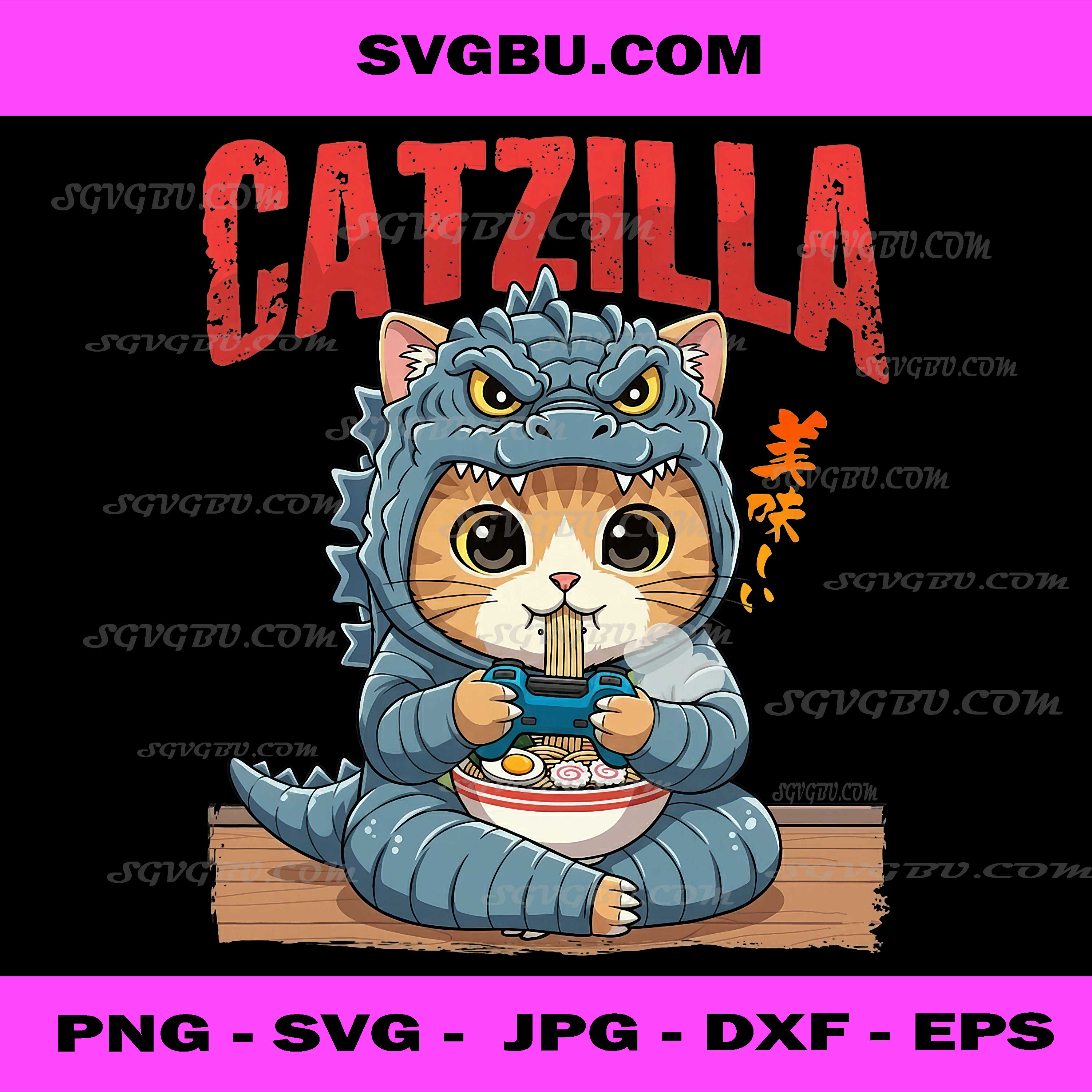Catzilla Eating Ramen, Funny Cat Gamer Monster Lovers PNG