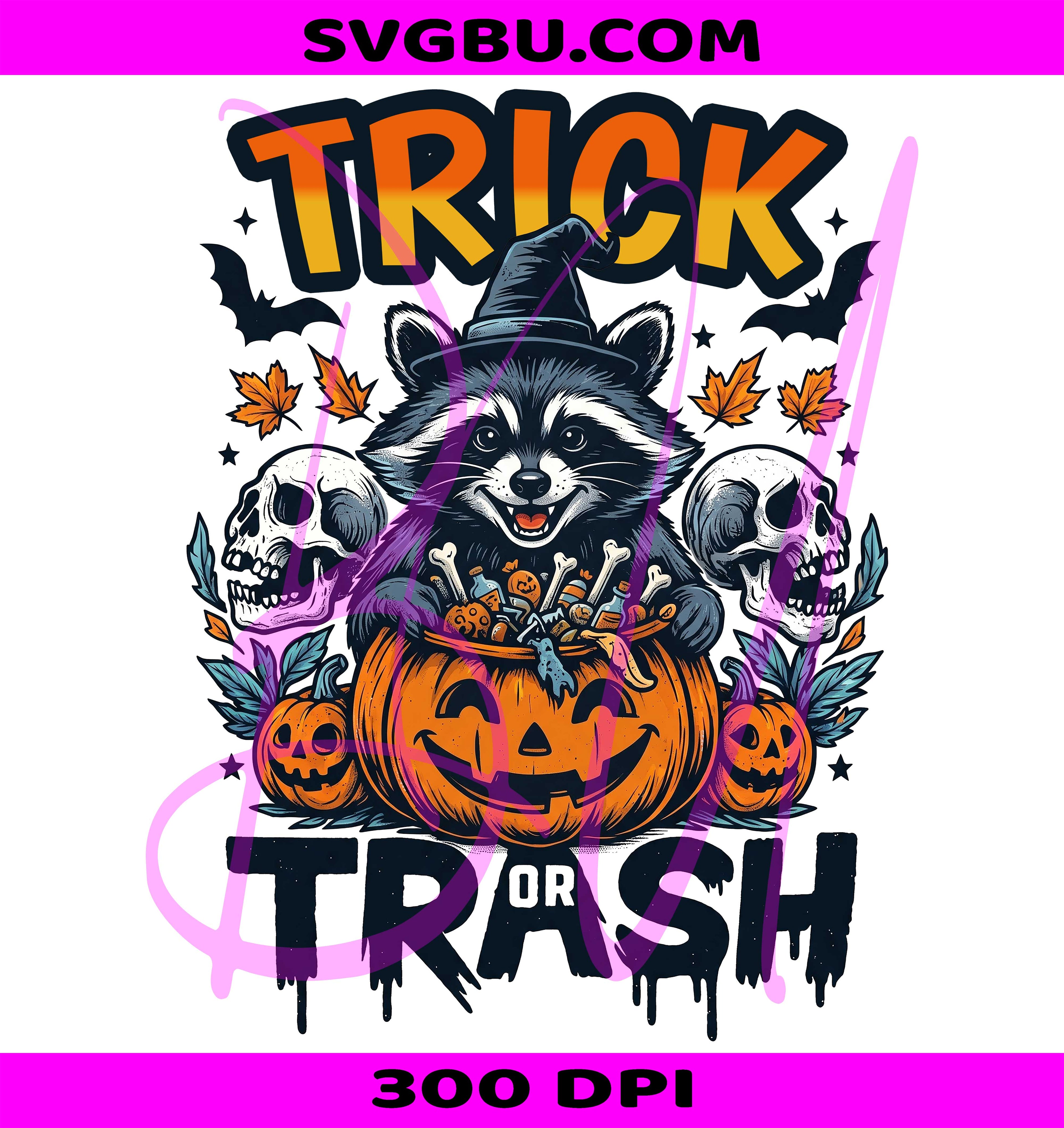 Trick Or Trash PNG, Funny Raccoon Pumpkin PNG, Spooky Skull PNG