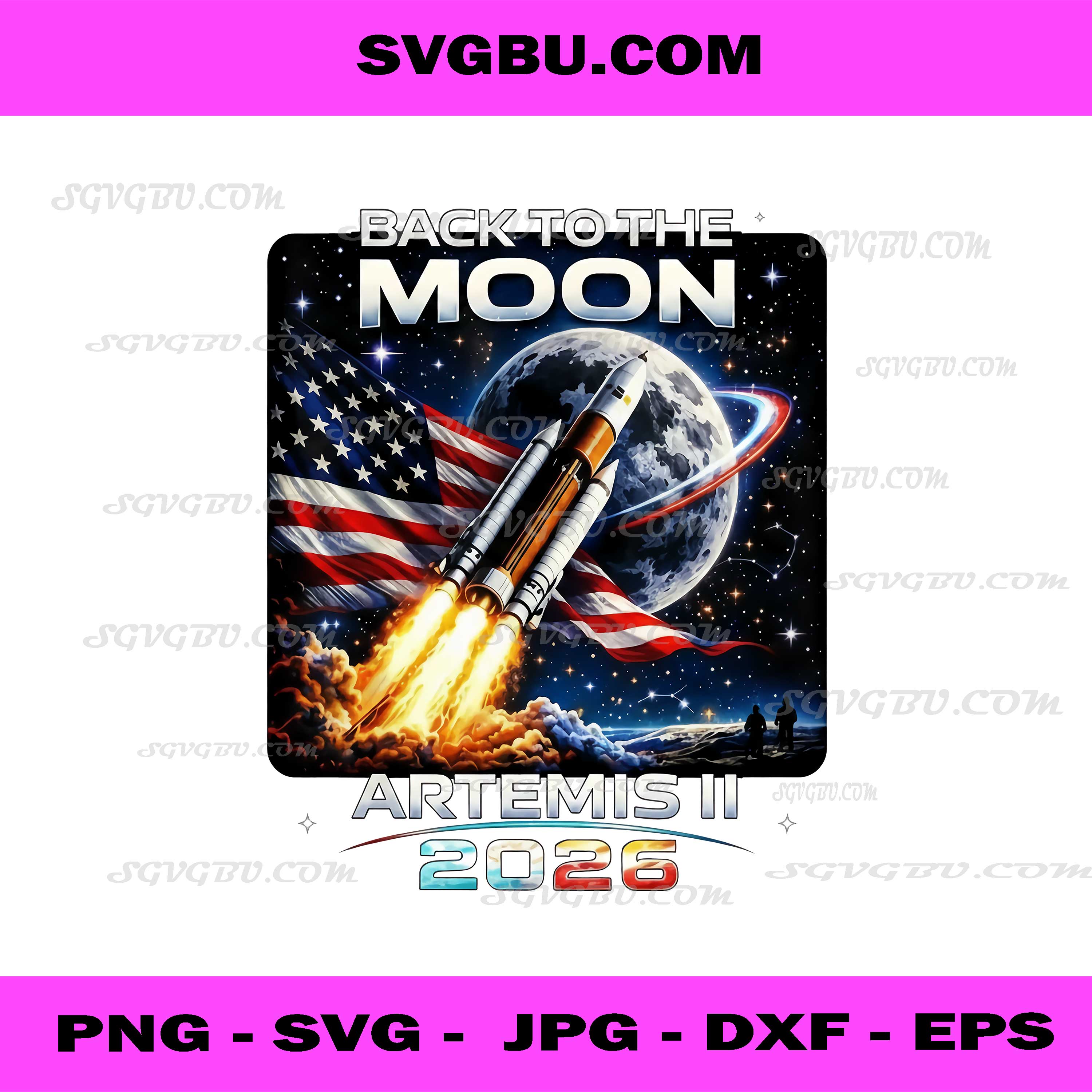 Back to the Moon Artemis II 2026 PNG, NASA Rocket American Flag Space Design