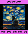 Night Cat Sitting Under Swirling Sky Starry Van Gogh PNG