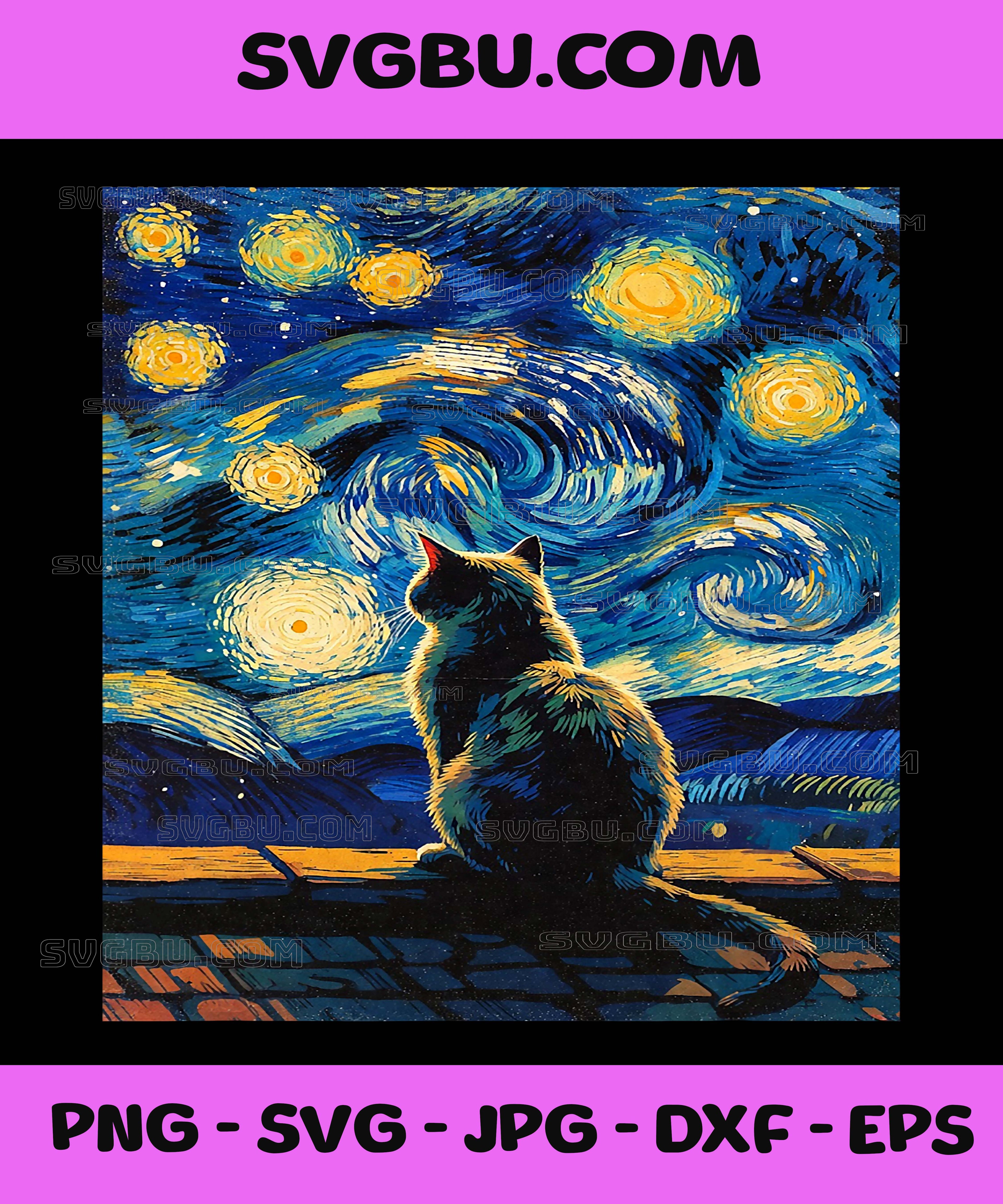 Night Cat Sitting Under Swirling Sky Starry Van Gogh PNG