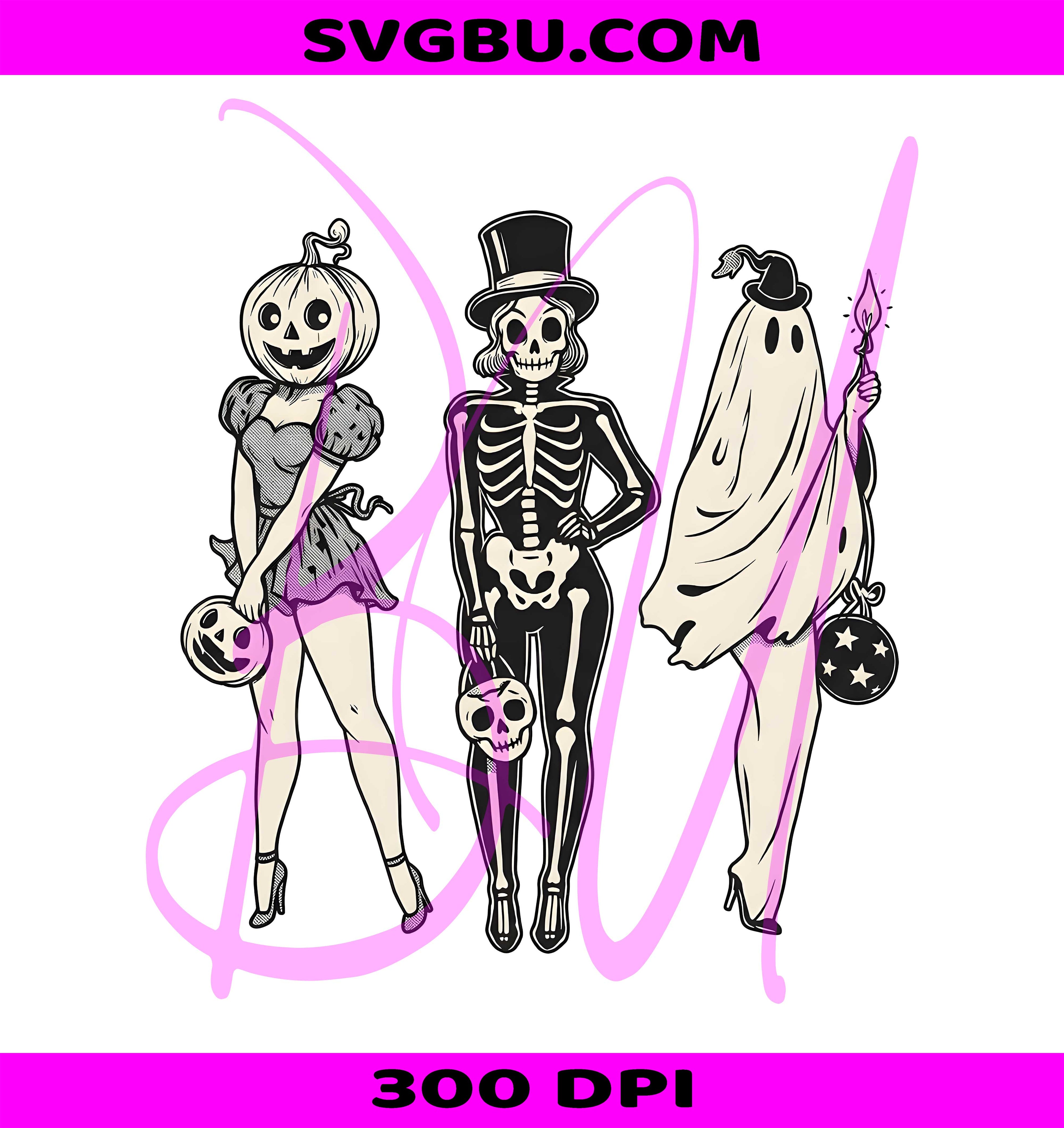 Spooky Girl Squad PNG, Skeleton Ghost Pumpkin PNG, Retro Halloween PNG
